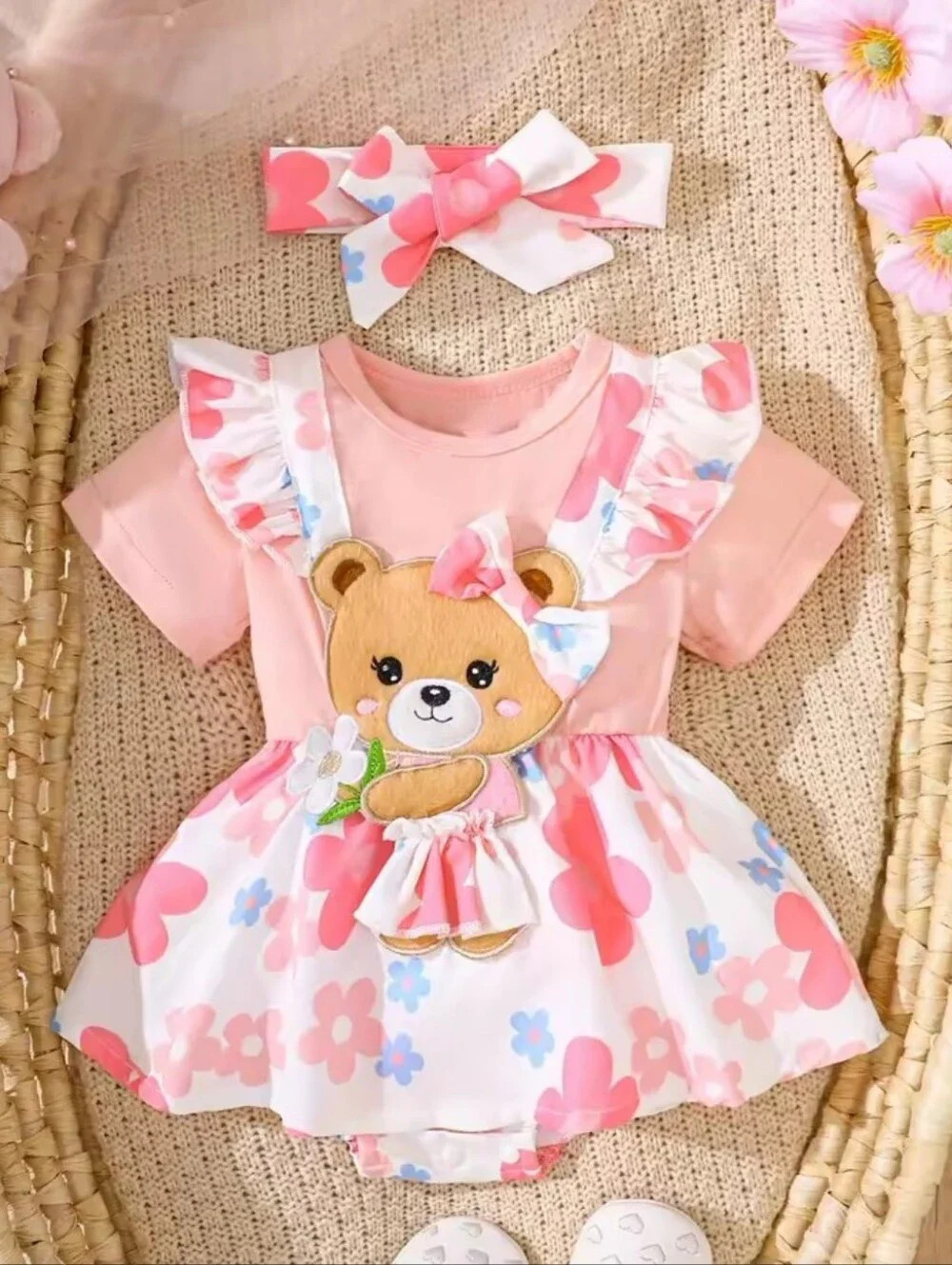Pink Floral Bear Baby Dress Romper - Picture 5 of 5